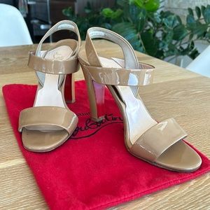 Christian Louboutin beige patent sandals size 391/2 with dust bag.